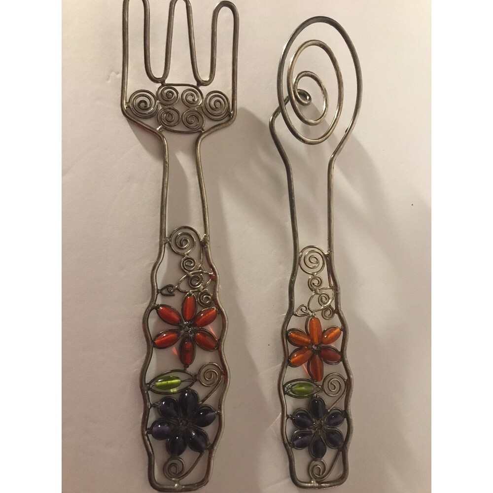 Vintage Wall Decor Scrolled Metal Fork and Spoon Colorful Beads Floral Design